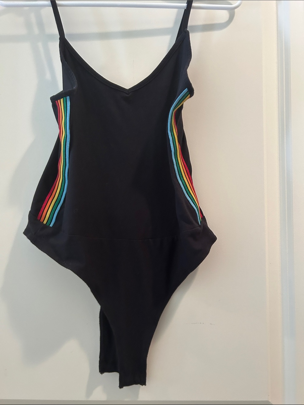Derek Heart Black One-Piece spaghetti strap bodysuit w/Rainbow Side trim size S